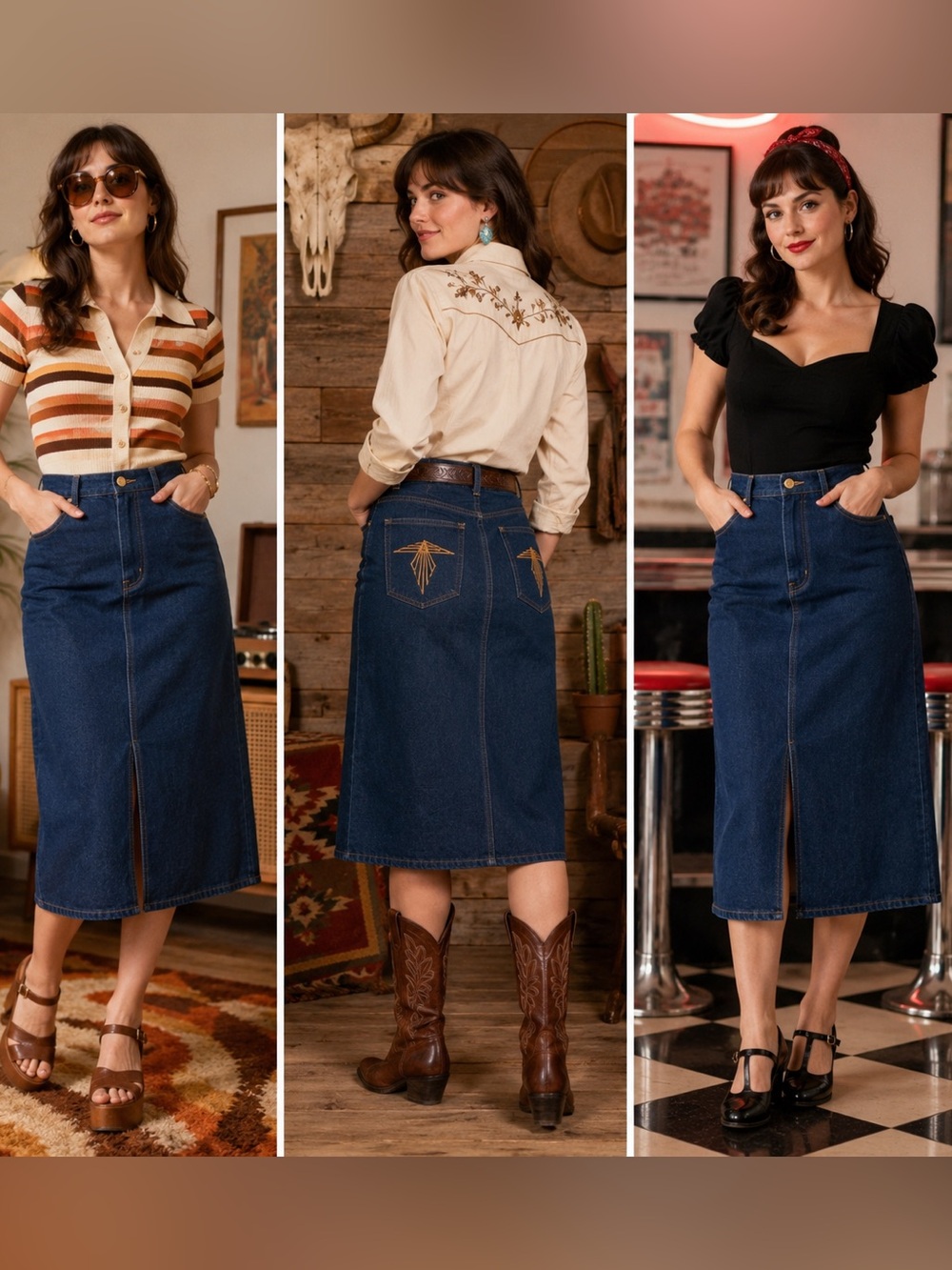 Vintage 70s Pizzazz New York Paris Denim Midi Skirt USA Western 29 Waist
